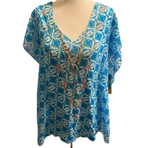 Ruby Rd Blue White & MultiColor Geometric Short Sleeve Blouse Size Medium - Picture 1 of 9